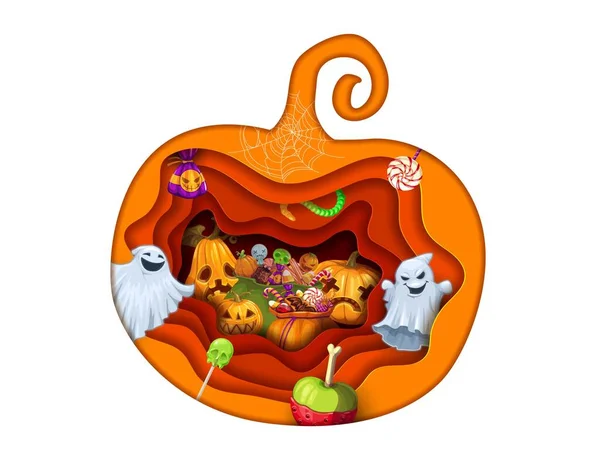 Halloween Paper Cut Pumpkin Double Exposition Vector Background Holiday Sweets — Stock Vector