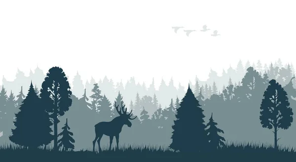 Silueta Ranního Lesa Losem Hejnem Kachen Kanada Nebo Aljaška Příroda — Stockový vektor