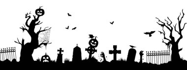 Cadılar Bayramı mezarlığı silueti. Zombi eli, ağaçlar, yarasalar, mezarlar, çitler, balkabakları ve beyaz arka planda örümcek ağları olan ürkütücü bir mezarlık. Korku Gecesi Mezarlık Tasarımı