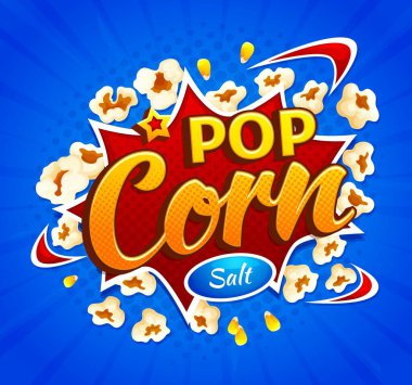 Cartoon movie pop corn burst, popcorn snack explosion, vector poster background. Cinema theater food bar menu, pop corn with salt flavor in explosion, product package or movie film halftone poster clipart