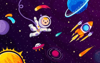 Uzay boşluğunda çocuk astronot, roket gemisi ve çizgi film yıldızlı galaksi manzarası, vektör arkaplan. Uzaylı UFO, uzay mekiği ya da galaktik uzay aracı ile galaksi fantezisindeki erkek uzay adamı macerası.