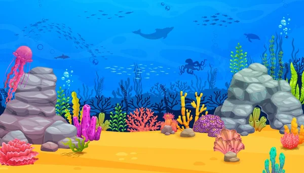 Zeichentrick Unterwasserlandschaft Mit Fischschwärmen Und Algen Meeres Oder Meerestiere Und — Stockvektor