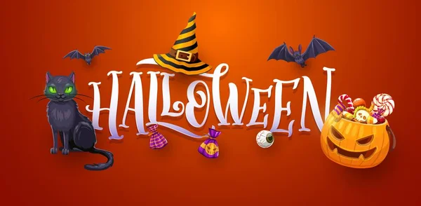 Bannière Halloween Avec Panier Citrouille Vacances Horreur Vectorielle Plein Bonbons — Image vectorielle