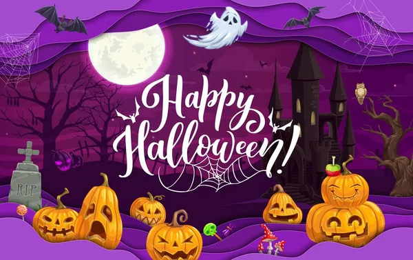 Halloween Papír Vágott Táj Rajzfilm Vicces Tök Karakterek Éjféli Temető — Stock Vector