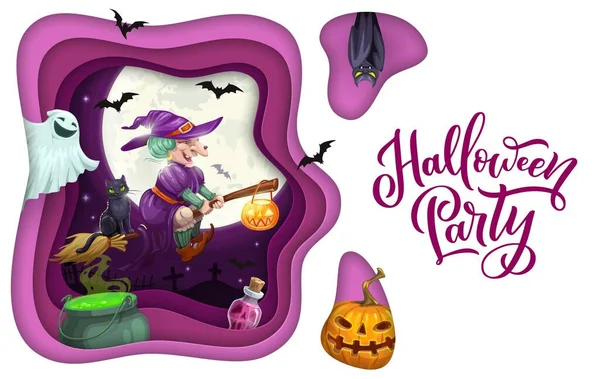 Halloween Papier Coupé Sorcière Volante Potion Magique Fantôme Dessin Animé — Image vectorielle