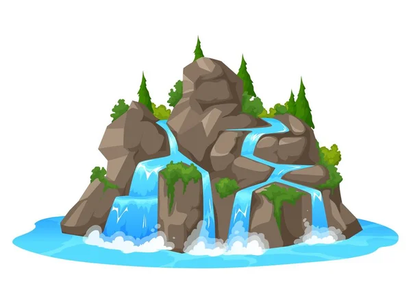 Cachoeira Dos Desenhos Animados Cascata Água Com Folhagem Verde Rochas — Vetor de Stock