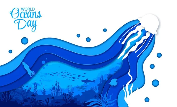 Landing Page Jellyfish Sea Underwater Paper Cut Landscape Vector Website — Stock Vector
