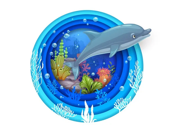 Cartoon Dolphin Sea Paper Cut Underwater Landscape Vector Papercut Banner — Stock Vector