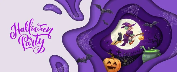 Papel Halloween Cortado Dibujos Animados Bruja Voladora Murciélagos Calabazas Telaraña — Vector de stock