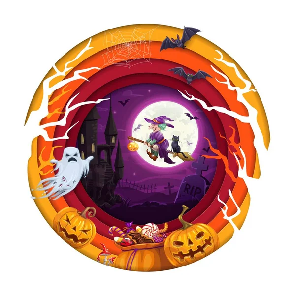 Хэллоуинская Бумага Вырезала Плакат Полуночным Замком Летающей Ведьмой Призраками Тыквами — стоковый вектор