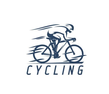 Bisiklet sporu ikonu, bisiklet yarışçısı silueti ve bisikletçi, vektör sembolü. Triatlon atletizm yarışı için motosiklet yarışçısının bisiklet yarışı ya da bisiklet yarışı rozeti.
