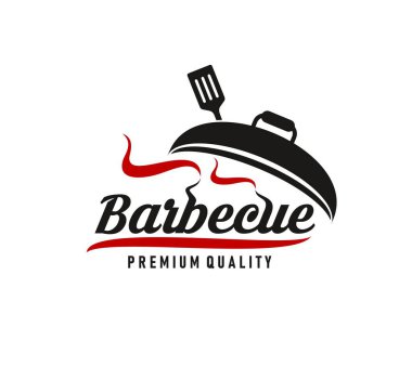 Barbekü ızgarası, et lokantası ve biftek ve spatula ikonu. Et lokantası menüsü etiketi ya da barbekü sosis partisi ve et ve dumanla barbekü pikniği amblemi