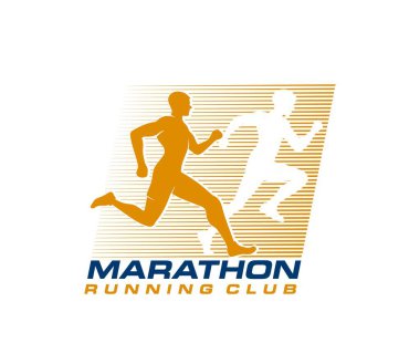 Maraton koşusu spor ikonu, koşucu silueti, sağlık kulübü vektör amblemi. Maraton koşu kulübü ya da koşu yarışı ve sprint yarışma rozeti koşan atletizm koşucusunun silüeti ile
