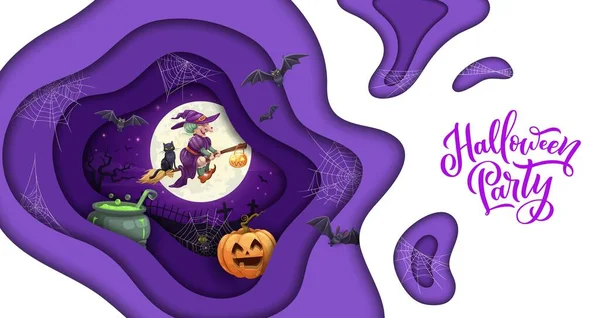 Halloween Paper Cut Cartoon Flying Witch Magic Potion Pot Cobweb — Stock Vector