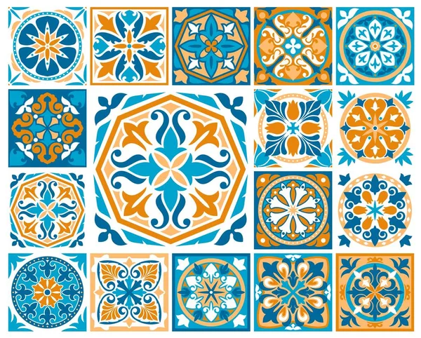 Moroccan Azulejo Tile Patterns Majolica Talavera Ornaments Flower Leaf Ceramic — Stock Vector