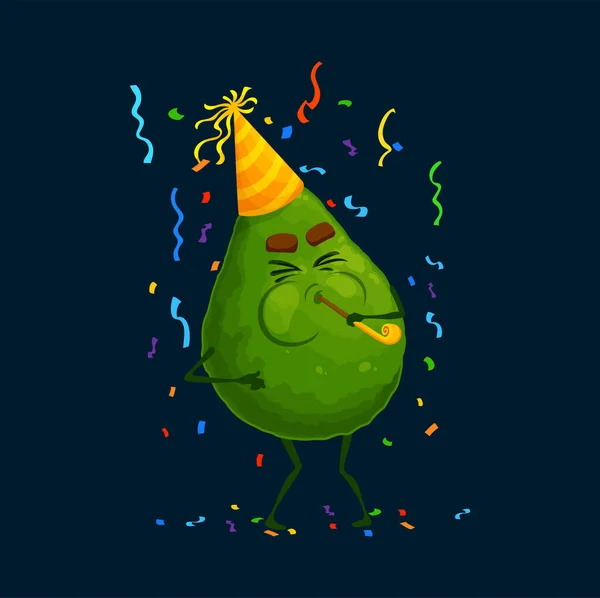 休日のパーティーの漫画のアボカドのキャラクター ハッピーエクスタシーなベクターフルーツの人物は スピリットのお祝いに面白い帽子を吹くパイプを着用し デコレーションと誕生日や記念日のBashで素晴らしい時間を過ごしています — ストックベクタ
