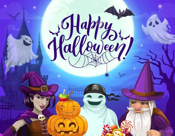 Halloween Landscape Cartoon Characters Vector Poster Ghost Pirate Witch Wizard — Stock Vector