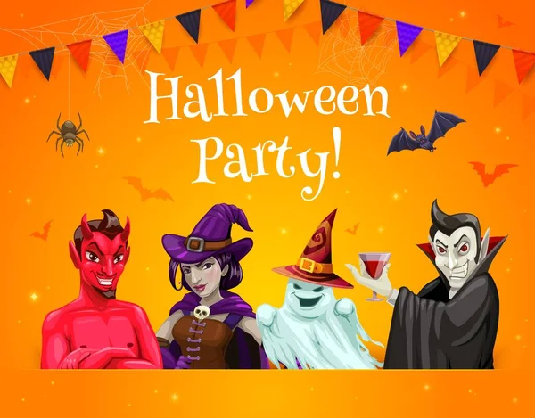 Halloween Party Banner Cartoon Holiday Characters Witch Ghost Devil Vampire — Stock Vector