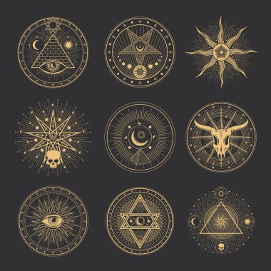 Okült ve gizemli pentagram, sihirli tarot işaretleri. Okültizm ve sihirli simya pentagramları güneş ve ay ile, lahana, illuminati veya hür masonların ayin heptagramı