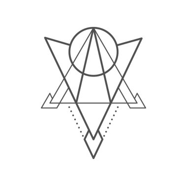 Geometrik boho dövmesi. Esrarengiz simya süsü, mistik ve sihirli çizgi sanatı, esrarengiz asgari vektör üçgeni şekilleri dövme veya kutsal geometri soyut sembolü. Boho geometrik işareti