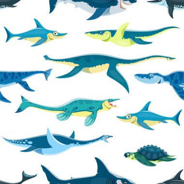 Çizgi filmdeki su dinozor karakterleri kusursuz desenli. Ambalaj kağıdı, kumaş baskı vektör deseni Ophthalmosaurus, Kronosaurus, Plesiosaurus ve Tylosaurus, Liopleurodon, Elasmosaurus dinozorlar