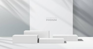 Grey podium background, product display platforms or stage scene with vector leaves shadow. Gray podium studio, exhibition showroom pedestal with light on wall, square box stage podiums background clipart