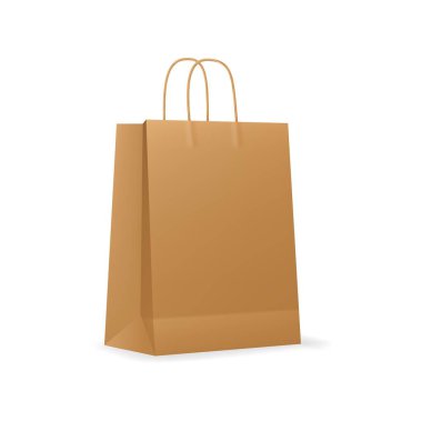Kabzalı karton bir alışveriş çantası. Perakende satış ürünleri, karton paketler ya da izole edilmiş satın alma kağıtları gerçekçi vektör modellemeleri. Butik kağıt paketleme 3d şablonu