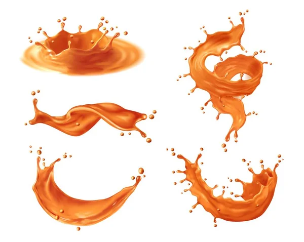 Caramel Sauce Syrup Splashes Swirls Waves Drops Vector Melted Toffee — Stock Vector