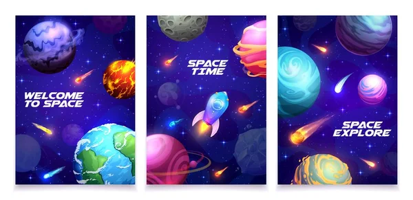 Cartoon Space Poster Galaxy Spaceship Planets Stars Vector Background Space — Stock Vector