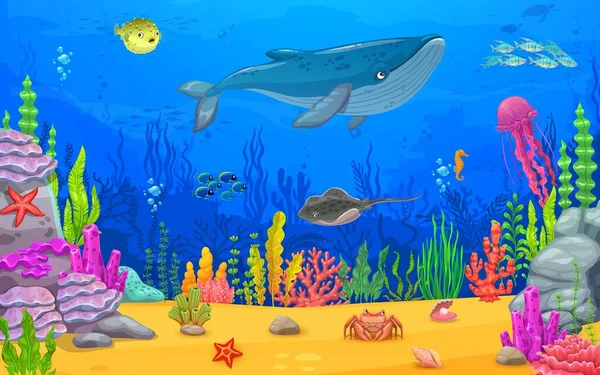 Çizgi Film Sualtı Manzarası Deniz Balinaları Balık Sürüleriyle Oyun Sahnesi — Stok Vektör
