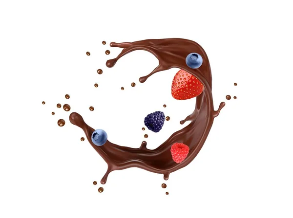巧克力奶油牛奶喝旋涡飞溅的浆果和水滴 鲜活草莓 蓝莓混合着浓郁的褐色巧克力味 动态地分离出现实的3D载体 — 图库矢量图片