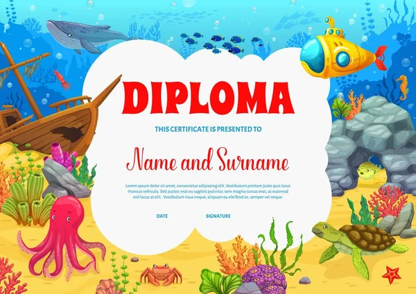 Kids Diploma Cartoon Zee Onderwater Landschap Met Onderzeeër Octopus Schildpad — Stockvector