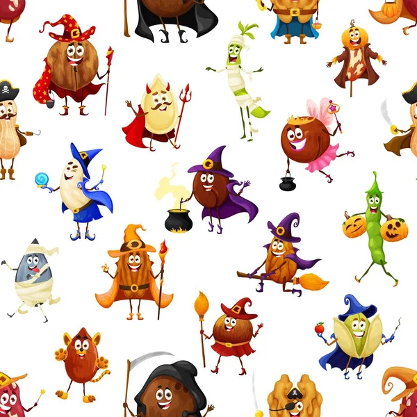 Çizgi film cadılar bayramı fındığı ve fasulye karakterleri kusursuz desen. Kumaş vektör deseni ya da şeytan kabağı tohumu, kahve çekirdeği, fıstık ve ceviz büyücüsü, hindistan cevizi, ayçiçeği zombi komik kişiliği