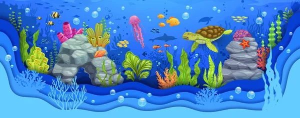 カメと海草 ベクターサンゴ クラゲが付いている漫画の海のペーパー カット 水中風景 海洋水とサンゴ礁ヒトデシュ イルカとヒトデシュの海底紙切れの背景 — ストックベクタ