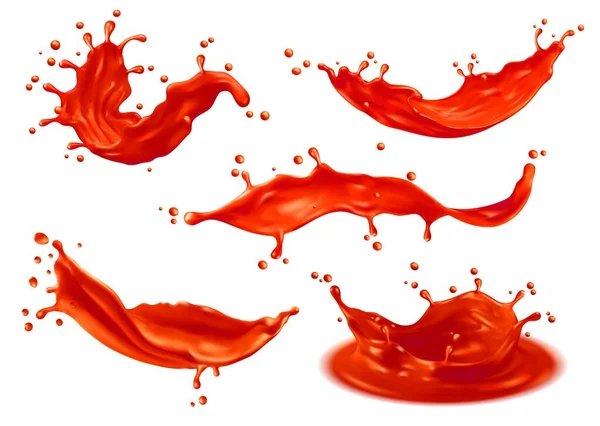 トマトケチャップソーススプラッシュまたは赤い液体トマトジュース ベクターリアルに分離された3D 赤いフルーツの流れかテクスチャーが付いている食糧背景のためのトマトのケチャップのスプラッシュ 滴が付いているびんからのケチャップのこぼれ — ストックベクタ