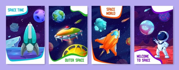 Cartoon Space Posters Vector Vertical Cards Spacecraft Starry Universe Ufo — Stock Vector