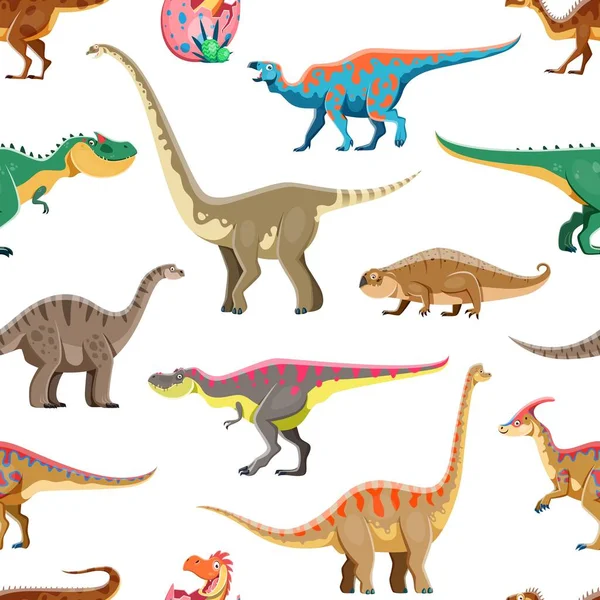面白い恐竜の漫画キャラクターシームレスなパターン ファブリックベクターパターン プラテオサウルス イワノドン オメイサウルス ハイパーオダペドン タルボサウルス ヴァルカノドンダイオの人物とシームレスな背景を印刷する — ストックベクタ