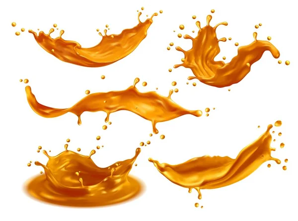 黄金飞溅波 金液体的冠冕和流溢与滴滴飞溅 现实的矢量 甜焦糖糖浆或金油在长流中飞溅 太妃糖或含滴的糖果沙司 — 图库矢量图片
