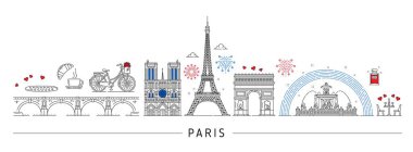 Paris silueti ve Fransa silueti, vektör şehir mimarisi ufuk çizgisinde dönüm noktaları oluşturur. Fransa 'nın ünlü sembolleri ve Eyfel Kulesi' nin Paris binaları, Zafer Kemeri ve Notre-Dame katedrali.