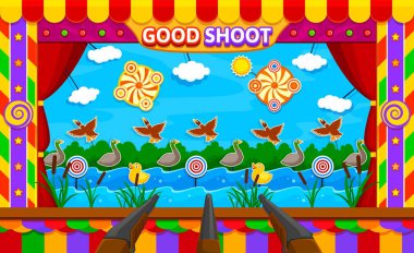 Carnival shoot game, amusement park booth. Cartoon vector duck hunt funfair or circus shooting fairground entertainment. Small stall with drake birds, targets, pond with waves and rifle guns in row clipart