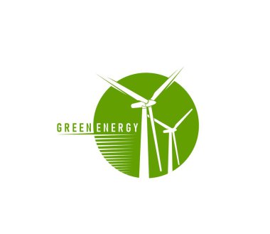 Rüzgar türbini simgesi. Yeşil enerji. Temiz enerji üretimi endüstrisi rüzgar türbini sembolü, yeşil güç kaynağı jeneratör kulesi veya ekolojik elektrik üretim yenilik vektörü amblem etrafında veya işaret