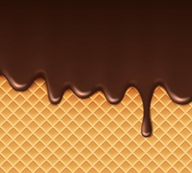 Realistic melting chocolate drip on wafer background. Vector delicious brown liquid sauce gracefully cascading on a waffle backdrop, enticing the senses and creating a mouthwatering visual treat clipart