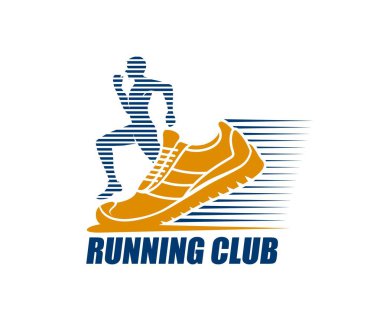 Maraton koşusu spor ikonu, fitness kulübü sembolü. Spor şampiyonluğu, fitness yarışması veya sprint vektör amblemi. Spor kulübü ya da spor salonu sembolü ya da spor ayakkabılarıyla imza, erkek atlet silueti