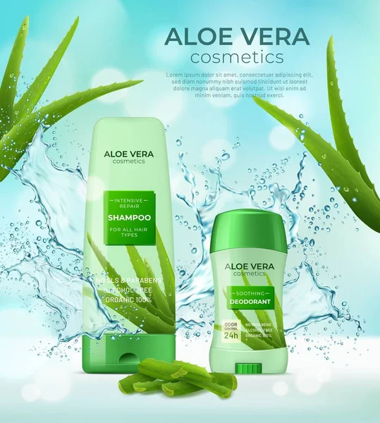 Cosmetici All Aloe Vera Flaconi Deodoranti Shampoo Con Spruzzi Acqua — Vettoriale Stock