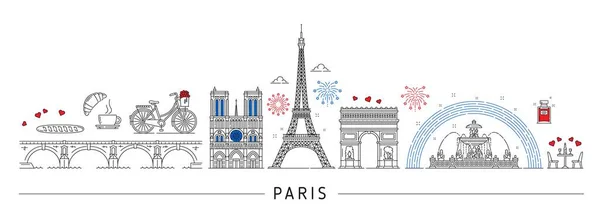 巴黎的轮廓和法国的地标在天际线上 矢量城市建筑中 埃菲尔铁塔 胜利拱门和巴黎圣母院的法国著名标志和巴黎建筑 — 图库矢量图片