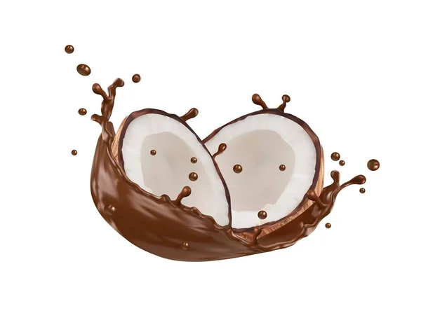 現実的なココナッツとチョコレートミルクスワールスプラッシュフロー ベクターのココナッツは柔らかい白い肉および茶色の液体のスプラッシュが付いている半分をします 甘い溶融ココア 天然製品と隔離された熱帯植物 — ストックベクタ