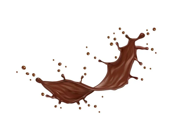 現実的なチョコレートの波の流れスプラッシュおよびスプラッター 隔離された3Dベクターのココアデザートの飲み物かスプラッターが付いている流れ ドロップ付きブラウンコーヒーストリーム ダイナミックなドロッププレットで液体スプラッシュ — ストックベクタ