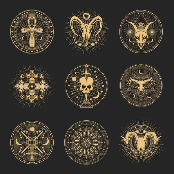 Okkultes Und Esoterisches Pentagramm Magische Tarotsymbole Vektorzeichen Von Ankh Kreuz — Stockvektor