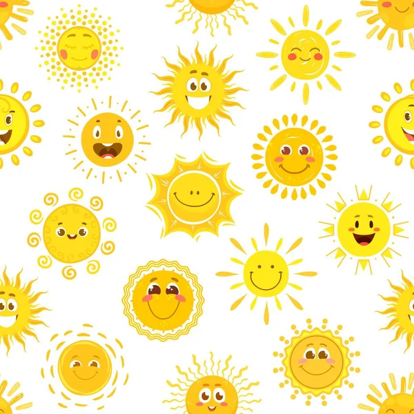 Personagens Sol Padrão Sem Costura Desenhos Animados Sorrir Rostos Sol — Vetor de Stock