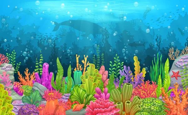 Nível de jogo de mar de paisagem subaquática de desenho animado com animais  de algas e fundo de vetor de baú de tesouro aventura oceânica e nível de  jogo mundial de recife de coral com paisagem de mar peixes lulas e  caranguejos